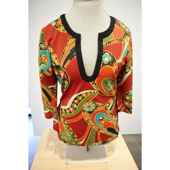 Vintage Athleta Y2K Psychedelic Floral Blouse – Size S – Deep V-Neck Stretch Top - Picture 4 of 8